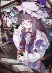 Rule 34 | 1girl, blue bow, book, bow, chair, commentary request, crescent, crescent hat ornament, embodiment of scarlet devil, fasuka, hair bow, hat, hat ornament, highres, lantern, long hair, long sleeves, looking at viewer, mob cap, neck ribbon, on chair, parted lips, patchouli knowledge, puffy long sleeves, puffy sleeves, purple eyes, purple hair, red bow, red ribbon, ribbon, round eyewear, sitting, solo, touhou