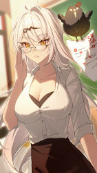 1girl adjusting_eyewear ahoge anger_vein artist_name bespectacled black-framed_eyewear black_skirt blurry blurry_background breasts chalkboard chinese_commentary classroom cleavage collarbone collared_shirt commentary_request cowboy_shot glasses grey_hair hair_ornament highres indoors large_breasts long_hair looking_at_viewer orange_eyes parted_lips shirt signature skirt so_zei_tama_tama solo teacher white_shirt yi_xuan_(zenless_zone_zero) zenless_zone_zero