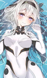 1girl absurdres arm_up black_hairband blush bodysuit breasts closed_mouth covered_navel crying crying_with_eyes_open firefly_(ar-26710)_(honkai:_star_rail) firefly_(honkai:_star_rail) grey_hair hair_between_eyes hair_intakes hair_ornament hairband highres honkai:_star_rail honkai_(series) iwazaki large_breasts long_hair long_sleeves lying mecha_pilot_suit official_alternate_costume on_back pink_eyes smile solo streaming_tears tears wet white_bodysuit