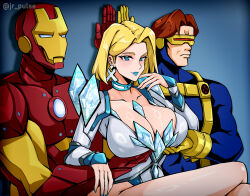 Rule 34 | 1girl, 2boys, armor, blonde hair, blue background, blue bodysuit, blue lips, blue nails, bodysuit, breasts, brown hair, choker, collarbone, cyclops (x-men), earrings, emma frost, gloves, goggles, highres, iron man, jewelry, jrpulse, large breasts, leotard, marvel, marvel rivals, meme, multiple boys, power suit, red-tinted eyewear, servants holding aphrodite&#039;s breasts (meme), short hair, superhero costume, thighs, tinted eyewear, white leotard, x-men, yellow gloves
