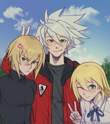 1girl 2boys ;) absurdres anger_vein black_sweater blazblue blonde_hair bunny_ears_prank cloud collared_shirt galadysp green_eyes heterochromia highres hood hoodie kisaragi_jin multiple_boys noel_vermillion one_eye_closed pouty_lips ragna_the_bloodedge red_eyes red_hoodie shirt siblings sky smile sweat sweater v white_hair white_shirt