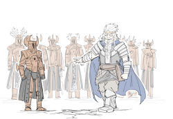 antlers armor beard blue_cape boots braid braided_beard cape circlet closed_eyes crack cracked_floor crucible_knight elden_ring facial_hair full_armor full_body godfrey_first_elden_lord horns kankan33333 outstretched_arm plate_armor simple_background standing white_background white_hair