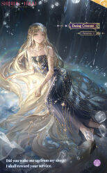 1girl absurdly_long_hair artist_request bare_shoulders black_dress blonde_hair bracelet chain character_name chest_jewel circlet collarbone commentary copyright_name crystal dozing_crescent_(shining_nikki) dress english_commentary english_text expressionless eyelashes foot_out_of_frame gem gold_armlet gold_bracelet gold_chain gold_circlet gold_necklace gown green_eyes grey_shoes hair_ornament hair_spread_out high_heels highres jewelry light_particles lipstick logo long_dress long_hair looking_at_viewer lying makeup multiple_bracelets necklace night nikki_(series) official_art on_side outdoors parted_lips rain red_lips shining_nikki shoes solo star_(symbol) star_hair_ornament strapless strapless_dress teeth very_long_hair wavy_hair white_gemstone yesenia_(shining_nikki)