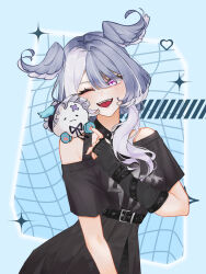 1girl :d absurdres black_nails blue_background blue_hair chest_harness cross-shaped_pupils elira_pendora elira_pendora_(goth) fangs fingerless_gloves gloves harness head_wings highres light_blush loe_190x163 nijisanji nijisanji_en off-shoulder_shirt off_shoulder one_eye_closed open_mouth purple_eyes shirt single_fingerless_glove smile symbol-shaped_pupils virtual_youtuber weewa_(elira_pendora) wings