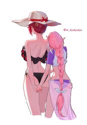 2girls back bikini black_bikini braid braided_bun brown_hair buruma commentary dyadyadya eden_(honkai_impact) elysia_(herrscher_of_human:_ego)_(honkai_impact) elysia_(honkai_impact) elysia_(summer_2024)_(honkai_impact) frilled_bikini frills from_behind hair_bun hat hat_ribbon highres holding_hands honkai_(series) honkai_impact_3rd long_hair low-braided_long_hair low-tied_long_hair multiple_girls official_alternate_costume pink_hair purple_buruma purple_shirt red_ribbon ribbon sarong see-through_clothes see-through_sarong shirt short_hair sun_hat swimsuit twitter_username two-tone_shirt very_short_hair white_hat white_shirt yuri