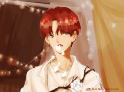 1boy commentary flower highres hoshiscoco jeonghan_(seventeen) k-pop male_focus open_mouth petals real_life red_hair rose seventeen_(group) shirt short_hair solo twitter_username upper_body white_flower white_rose white_shirt