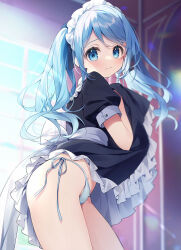 1girl black_dress blue_eyes blue_hair blue_panties blurry blush closed_mouth clothes_lift dress dress_lift frills indoors long_hair looking_at_viewer maid maid_headdress original panties puffy_short_sleeves puffy_sleeves short_sleeves side-tie_panties solo suimya twintails underwear