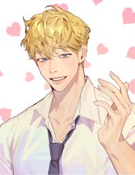 1boy absurdres black_necktie blonde_hair blue_eyes hair_between_eyes heart highres looking_at_viewer male_focus nakddidi necktie original shirt short_hair smile solo teeth upper_body white_background white_shirt