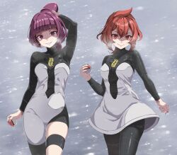 2girls absurdres breasts evil_smile highres huge_filesize jupiter_(pokemon) looking_at_viewer mars_(pokemon) multiple_girls nintendo pokemon pokemon_dppt purple_eyes purple_hair red_eyes red_hair short_hair smile snow snowing standing team_galactic team_galactic_uniform thighs tsukishiro_saika variant_set