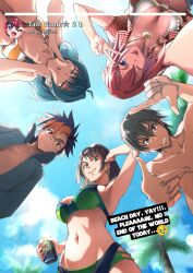 Rule 34 | 2boys, 3girls, artist name, bikini, black hair, blonde hair, blue hair, breasts, digimon, digimon beatbreak, digimon card game, digimon liberator, digimon story: time stranger, finger frame, from below, glasses, green bikini, group picture, in-franchise crossover, jewelry, kazama shoto, kazuki suzune, keyliom, large breasts, long hair, medium breasts, multicolored hair, multiple boys, multiple girls, one eye closed, palm tree, pendant, pink hair, purple eyes, red shirt, shirt, swimsuit, tenma tomoro, tongue, tongue out, tree, two-tone hair, v, yellow bikini, yellow eyes, yuuki (digimon), yuuki kanan