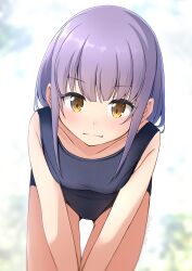 1girl bare_arms bent_over blue_one-piece_swimsuit blurry blurry_background blush breasts brown_eyes closed_mouth collarbone commentary_request day depth_of_field gluteal_fold highres looking_at_viewer one-piece_swimsuit original outdoors purple_hair school_swimsuit shibacha small_breasts smile solo swimsuit thigh_gap twitter_username