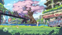 Rule 34 | abandoned, artist name, blue sky, bridge, building, bus, cherry blossoms, city, commission, day, grass, highres, motor vehicle, no humans, original, overgrown, oyuzaki (ayuzaki), pixel art, plant, post-apocalypse, scenery, sky, stream, traffic light, tree, vines, water, waterfall, watermark