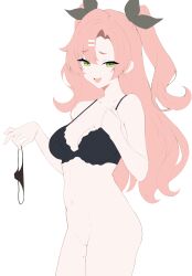 1girl :d absurdres bare_shoulders black_bra black_panties black_ribbon bra breasts cleavage collarbone green_eyes hair_ornament hair_ribbon hairclip hand_on_own_chest highres holding holding_unworn_clothes long_hair looking_at_viewer mole mole_under_eye mole_under_mouth navel nicole_demara open_mouth panties penguin_uwu pink_hair pussy ribbon smile solo two_side_up uncensored underwear underwear_only unfinished unworn_panties zenless_zone_zero