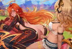 1futa 1girl anus ass biker_clothes bikesuit black_bodysuit blonde_hair bodysuit breasts dark-skinned_female dark_skin exlic futa_with_female futanari genshin_impact mavuika_(genshin_impact) medium_breasts motion_lines multicolored_hair nail_polish orange_hair penis pussy riding sex sex_from_behind speed_lines two-tone_hair uncensored unzipped vaginal xilonen_(genshin_impact)