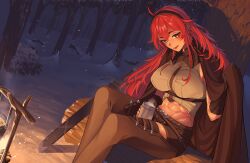 Rule 34 | 1girl, abs, absurdres, ahoge, black hairband, blanket, blush, breasts, brown shorts, buttslayer, campfire, coffee mug, commentary, commission, cooking pot, crop top, cup, english commentary, eris greyrat, feet out of frame, forest, grey shirt, hair between eyes, hairband, highres, holding, holding cup, large breasts, log, long hair, looking at viewer, midriff, mug, muscular, muscular female, mushoku tensei, nature, night, open mouth, outdoors, pixiv commission, red eyes, red hair, sheath, sheathed, shirt, short shorts, shorts, sitting, smile, snow, solo, sword, tree, very long hair, weapon
