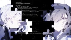 Rule 34 | 1girl, 1other, absurdres, arknights, bags under eyes, brown eyes, doctor (arknights), entropiasands, hair over one eye, hairband, half-closed eyes, highres, long hair, looking at viewer, priestess (arknights), programming (topic), puzzle, smile, white eyes
