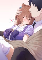 1boy 1girl absurdres agnes_tachyon_(umamusume) animal_ears black_hair black_necktie blush bow bowtie breasts brown_hair closed_mouth collared_shirt commentary ears_down faceless faceless_male feet_out_of_frame fingernails hahakigi hair_between_eyes hand_on_another&#039;s_head heart hetero highres horse_ears horse_girl horseshoe_ornament kissing_head large_breasts necktie nose_blush one_eye_closed purple_bow purple_bowtie purple_shirt red_eyes school_uniform shirt short_hair spoken_heart summer_uniform thighhighs tracen_school_uniform trainer_(umamusume) umamusume white_shirt white_thighhighs