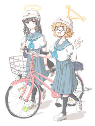 2girls :d absurdres animal_ears ankle_socks aqua_neckerchief bag ball bicycle bicycle_basket black_hair black_socks blonde_hair blue_archive blue_sailor_collar blue_skirt braid bright_pupils collarbone dog_ears grey_eyes halo hariyaa helmet hibiki_(blue_archive) highres kotori_(blue_archive) long_hair long_skirt looking_at_viewer multiple_girls neckerchief open_mouth pleated_skirt pushing_bicycle red_eyes sailor_collar school_bag school_uniform shirt shoes short_hair short_sleeves simple_background skirt smile sneakers socks teardrop-framed_glasses tennis_ball twin_braids very_long_hair walking white_background white_footwear white_shirt