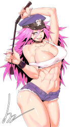 1girl abs breasts capcom cleavage female_focus final_fight fingernails hat highres large_breasts long_hair looking_at_viewer minew navel off_shoulder one_eye_closed pink_hair poison_(final_fight) riding_crop sharp_fingernails short_shorts shorts solo tank_top thick_thighs thighs tongue tongue_out