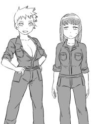 2girls arms_at_sides black_hair blunt_bangs breasts cleavage closed_mouth collared_shirt feet_out_of_frame hands_on_own_hips large_breasts long_hair looking_at_viewer monochrome multiple_girls original pants shirt short_hair simple_background sleeves_rolled_up smile standing straight-on sweatdrop teeth tsukudani_(coke-buta) white_background