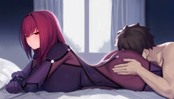1boy 1girl ass bedroom blush bodysuit breasts commentary curtains face_in_ass fate/grand_order fate_(series) fujimaru_ritsuka_(male) hair_between_eyes hair_intakes highres indoors large_breasts long_hair lun7732 lying narrowed_eyes on_stomach open_mouth pink_hair purple_bodysuit red_eyes scathach_(fate) thighs