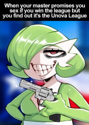 Rule 34 | 1girl, bags under eyes, blue background, blurry, blurry background, bob cut, breasts, bright pupils, cleavage, english text, female focus, gardevoir, gen 3 pokemon, green hair, grin, gun, hair over one eye, half-closed eyes, hand on own hip, hand up, handgun, happy, holding, holding gun, holding weapon, looking afar, medium breasts, nintendo, one eye covered, pokemon, pokemon (creature), red eyes, revolver, saltyxodium, short hair, smile, solo, sparkle, standing, teeth, upper body, weapon, white pupils