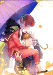 1boy 1girl absurdres autumn autumn_leaves bad_id bad_pixiv_id blowing_bubbles blue_eyes bun_cover carrying chewing_gum gintama highres kagura_(gintama) leaf long_hair nianbingzi oil-paper_umbrella okita_sougo orange_hair red_eyes sadaharu scarf short_hair shoulder_carry umbrella uniform