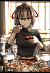 black_undershirt border breasts brown_eyes brown_hair food food_focus hair_ribbon highres ise_(kancolle) kantai_collection long_sleeves meal medium_breasts red_ribbon ribbon seitei_(04seitei) short_hair sketch solo