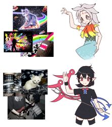 2girls asymmetrical_wings black_dress black_hair black_thighhighs blue_skirt blue_wings bow bowtie buttons cat center_frills closed_mouth cowboy_shot domo-kun dress eosd2002 forehead_tattoo frills goth_fashion grey_eyes grey_hair guitar highres holding holding_polearm holding_weapon houjuu_chimi houjuu_nue instrument leaf_clothing long_hair looking_at_viewer multiple_girls nhk_(broadcaster) pointy_ears polearm red_bow red_bowtie red_eyes red_wings short_dress short_hair short_sleeves simple_background skirt smile tabby_cat thighhighs touhou trident weapon white_background white_cat wings wristband y2k_fashion