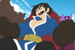 Rule 34 | 1girl, areola slip, bare shoulders, belt, blue eyes, breasts, brown hair, cleavage cutout, clothing cutout, crazy smile, female focus, formal clothes, frida mofette, gloves, highres, jacket, large breasts, machinery, military, military uniform, nipples, open clothes, open jacket, sharp teeth, sitting, smile, solo, suit, tattoo, teeth, tongue, wakfu