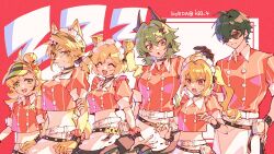 1boy 5girls :d :o ^_^ alternate_costume artist_name blonde_hair blush_stickers burnice_white burnice_white_(operation_yum_2025) caesar_king_(zenless_zone_zero) closed_eyes copyright_name frown furry furry_female green_eyes green_hair hair_bun highres koeda_(k83_4) lighter_(zenless_zone_zero) long_hair looking_at_another looking_at_viewer luciana_de_montefio midriff multiple_girls official_alternate_costume open_mouth orange_eyes piper_wheel pulchra_fellini red_background short_hair short_twintails side_ponytail smile striped_clothes sunglasses sweatdrop twintails twitter_username vertical-striped_clothes yellow_eyes zenless_zone_zero