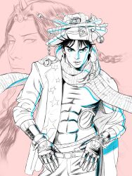 2boys battle_tendency braid clothing_cutout fingerless_gloves gloves hat highres horns jacket jojo_no_kimyou_na_bouken joseph_joestar joseph_joestar_(old) kars_(jojo) keiimajima02 midriff_peek multiple_boys official_alternate_costume realistic scarf striped_clothes striped_scarf