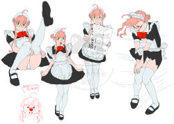 1girl alternate_costume apron black_dress black_shoes blush bow bowtie closed_eyes double_bun dress glasses hair_bun highres holding holding_sign kantai_collection loopy_(pororo) maid maid_headdress makigumo_(kancolle) multiple_views ojipon panties pink_hair pororo_the_little_penguin red_bow red_bowtie shoes short_sleeves sign sitting skirt_hold smile standing thighhighs translation_request underwear watermark white_apron white_panties white_thighhighs wind wind_lift yellow_eyes