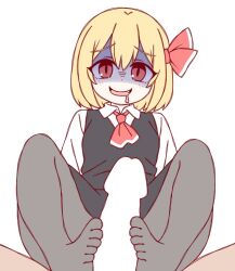 1boy 1girl black_skirt black_vest blank_censor blonde_hair blush bow censored collared_shirt commentary drooling fang feet footjob footjob_with_legwear full_body grey_pantyhose hair_bow ketsumaimo long_sleeves looking_at_viewer mouth_drool no_shoes open_mouth pantyhose pov pov_crotch red_bow red_eyes rumia shaded_face shirt short_hair simple_background skirt skirt_set smile solo_focus touhou two-footed_footjob vest white_background white_shirt