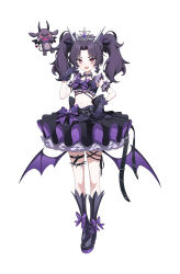 1girl absurdres bat_wings black_gloves gloves goeleu highres magical_girl navel open_mouth original purple_hair red_eyes simple_background skirt teeth thigh_strap tiara twintails upper_teeth_only white_background wings