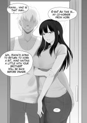 Rule 34 | 1boy, 1girl, black hair, blush, breasts, cheating (relationship), collarbone, collared shirt, dark-skinned male, dark skin, door, english text, faceless, feet out of frame, greyscale, hair over eyes, hand on another&#039;s ass, highres, jewelry, large breasts, looking at viewer, mature female, medium hair, monochrome, motherly netorare, necklace, netorare, open mouth, original, pov, rev60, ring, shirt, short sleeves, sidelocks, smile, speech bubble, standing, tank top, teeth, white hair, white tank top