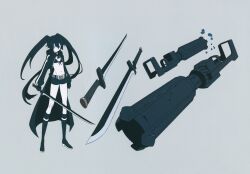 1girl absurdres belt bikini black_coat black_gloves black_hair black_rock_shooter black_rock_shooter_(character) black_shorts blue_eyes boots coat concept_art front-tie_bikini_top front-tie_top gloves highres matsuo_yuusuke official_art pale_skin production_art rock_cannon scar shorts swimsuit sword twintails uneven_twintails weapon
