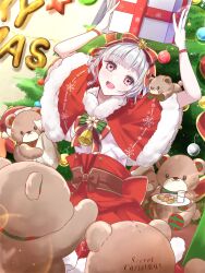 Rule 34 | 1girl, :d, arms up, box, capelet, christmas, christmas tree, commentary request, cookie, cowboy shot, diagonal bangs, food, fur-trimmed capelet, fur-trimmed skirt, fur trim, gift, gift box, gloves, grey hair, highres, holding, holding box, holding gift, letter balloon, link! like! love live!, looking at viewer, love live!, milk, multicolored hair, official alternate costume, open mouth, pink eyes, red capelet, red hair, red skirt, sakari (pear 8 ll), secret christmas (love live!), shirt, short hair, skirt, smile, solo, streaked hair, stuffed animal, stuffed toy, teddy bear, virtual youtuber, white gloves, white shirt, yugiri tsuzuri