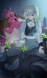 1girl black_shirt blush breasts cleavage diabellstar_the_black_witch dougaku_(passionpit777) duel_monster feeding green_hair grey_hair highres holding holding_spoon large_breasts multicolored_hair on_bed one_eye_closed red_hair rice_porridge shirt short_hair sick sitting snake-eyes_poplar spoon streaked_hair sweat towel yu-gi-oh!