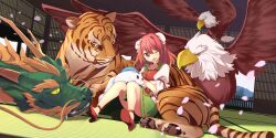 1girl arata_toshihira backward-facing_horns bird blush bun_cover commentary double_bun dragon eagle eastern_dragon english_commentary falling_petals flower game_cg green_scales green_skirt hair_bun high_heels highres horns houso_(touhou) ibaraki_kasen kanda_(touhou) koutei_(touhou) kume_(touhou) long_hair mukou_(touhou) official_art one_eye_closed open_mouth petals pink_eyes pink_flower pink_hair pink_petals pink_rose raijuu red_shoes red_tabard ribbon-trimmed_skirt ribbon_trim rose shirt shoes sitting skirt smile solo tabard tatami third-party_source tiger touhou touhou_lostword whiskers white_shirt
