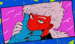 Rule 34 | 2boys, abstract background, armor, black nails, blue background, blue skin, blush, burter, closed mouth, colored skin, dithering, dragon ball, dragonball z, fingernails, furrowed brow, gloves, green eyes, holding hands, jeice, long hair, looking at another, looking up, multiple boys, pink background, red skin, saiyan armor, size difference, squiggle, sweatdrop, triangle, user vxjf4534, white gloves, white hair, yaoi