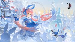 Rule 34 | 1girl, :d, animal ears, bench, blue jacket, blue sky, branch, chanchan (guilongchao), copyright name, double bun, earmuffs, fake animal ears, ferris wheel, floating hair, flower, fur-trimmed jacket, fur trim, gloves, grey eyes, guilongchao, hair bun, highres, holding, jacket, logo, long sleeves, looking at object, low twintails, miniskirt, official alternate costume, official art, open mouth, outdoors, pine tree, pink hair, plum blossoms, puffy long sleeves, puffy sleeves, rabbit, rabbit ears, red flower, skirt, sky, smile, snow, snow animal, snow rabbit, snowflake ornament, snowing, solo, tree, twintails, upper body, white gloves, white skirt, winter