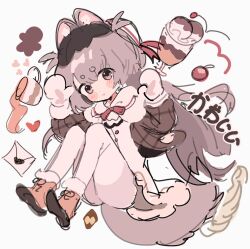 Rule 34 | 1girl, animal ears, animal hands, beret, blush, blush stickers, boots, brown boots, brown eyes, brown hair, brown jacket, checkerboard cookie, cherry, closed mouth, commentary, cookie, cup, dog girl, dress, envelope, food, fruit, full body, fur-trimmed boots, fur trim, gloves, grey hair, hands up, hat, heart, highres, jacket, jjjjmmn errr, knees up, letter, long hair, long sleeves, looking at viewer, love letter, mittens, original, oven mitts, plaid, short eyebrows, simple background, sketch, solo, squirrel (jjjjmmn err), symbol-only commentary, tail, teacup, thick eyebrows, translation request, two side up, very long hair, white background, white dress, white gloves