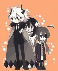 1boy 2girls alela_grora_(funamusea) bad_id bad_pixiv_id bakara_(19083210) behind_another black_eyes black_footwear black_hair black_jacket black_neckwear black_pants black_suit blush cape closed_mouth crossed_arms diamond_(shape) dress etihw eyepatch formal_clothes full_body funamusea grey_cape grey_hair grey_shirt haiiro_teien hair_between_eyes horns jacket kcalb long_hair looking_at_another looking_to_the_side medium_hair multiple_girls necktie open_mouth orange_background pants shirt shoes short_hair simple_background smile standing suit twintails white_cape white_dress white_eyes white_hair white_shirt