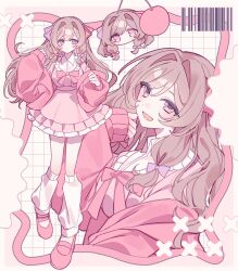 1girl barcode bow breasts brown_hair chibi collar dress full_body hair_bow hand_up highres jacket leg_warmers light_blush long_hair looking_at_viewer medium_breasts multiple_views ninoro_(6p_74) open_mouth original pink_bow pink_dress pink_eyes pink_jacket pink_ribbon pink_shoes purple_bow ribbon shoes smile solo upper_body white_collar white_leg_warmers