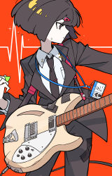 1girl absurdres badge black_hair black_necktie black_pants cable electric_guitar formal_clothes guitar guitar_strap hair_ornament hairpin highres holding holding_plectrum instrument necktie office_lady orange_background original pants plectrum rickenbacker shirt short_hair simple_background suit tape user_dfxd4355 white_shirt
