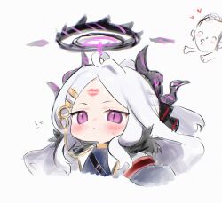 1boy 1girl after_kiss ahoge black_halo black_horns blue_archive blush chibi closed_mouth demon_girl demon_horns doodle_sensei_(blue_archive) forehead hair_ornament hairclip halo hetero highres hina_(blue_archive) horns lipstick_mark long_hair looking_at_viewer maru_ccy parted_bangs purple_eyes sensei_(blue_archive) simple_background smile upper_body white_background white_hair