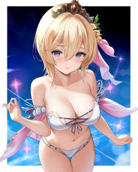 1girl akiei bare_shoulders bikini blush breasts cleavage closed_mouth collarbone europa_(granblue_fantasy) europa_(summer)_(granblue_fantasy) flower granblue_fantasy hair_between_eyes hair_flower hair_ornament highres large_breasts light_smile lips long_hair looking_at_viewer solo strapless strapless_bikini swimsuit thigh_gap tiara twitter_username white_bikini yellow_flower
