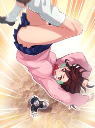 1boy 1girl absurdres arms_up ayase_momo black_hair black_jacket blue_skirt bow bowtie breasts brown_eyes brown_hair brown_shoes cariyacalco collared_shirt commentary_request dandadan earrings emphasis_lines falling from_above gakuran glasses highres jacket jewelry kami_high_school_uniform legs long_sleeves looking_at_another loose_socks medium_breasts miniskirt open_hands open_mouth pink_sweater pleated_skirt red_bow red_bowtie round_eyewear school_uniform shaded_face shirt shoes short_hair skirt socks sweater takakura_ken_(dandadan) thighs upside-down white_shirt white_socks