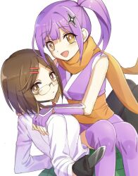 2girls bare_shoulders brown_eyes brown_hair collared_shirt elbow_gloves glasses gloves green_skirt hair_ornament hairclip hands_on_another&#039;s_shoulders holding holding_knife holding_weapon japanese_clothes kimono knife koga_konoha kusagakure_satoko long_hair long_sleeves looking_at_viewer medium_hair multiple_girls ninja ninja_to_koroshiya_no_futarigurashi open_mouth orange_scarf partially_fingerless_gloves purple_gloves purple_kimono scarf shirt short_kimono shuriken_hair_ornament side_ponytail simple_background sitting sitting_on_lap sitting_on_person skirt sleeveless swept_bangs weapon white_background white_shirt worupenta